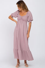 Taupe Smocked Sweetheart Neck Maternity Maxi Dress