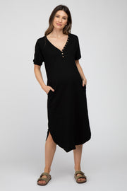 Black Button Accent Oversized Maternity Midi Dress