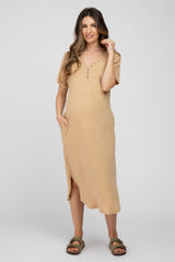 Camel Button Accent Oversized Maternity Midi Dress