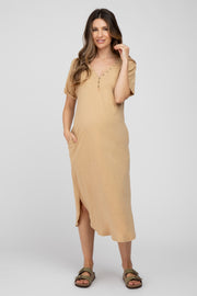 Camel Button Accent Oversized Maternity Midi Dress