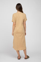 Camel Button Accent Oversized Maternity Midi Dress