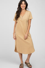 Camel Button Accent Oversized Maternity Midi Dress