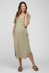 Light Olive Button Accent Oversized Maternity Midi Dress