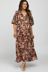 Black Floral Button Front Maternity Maxi Dress