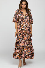 Black Floral Button Front Maternity Maxi Dress