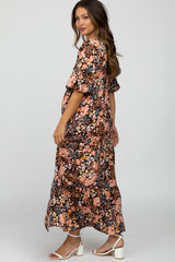 Black Floral Button Front Maternity Maxi Dress