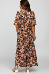 Black Floral Button Front Maternity Maxi Dress