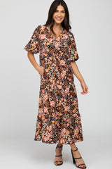 Black Floral Button Front Maternity Maxi Dress