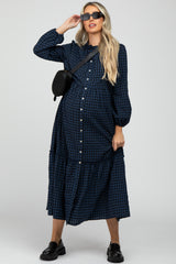 Navy Blue Checkered Button Front Ruffle Neck Maternity Maxi Dress