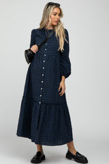 Navy Blue Checkered Button Front Ruffle Neck Maternity Maxi Dress