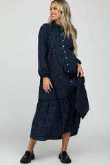 Navy Blue Checkered Button Front Ruffle Neck Maternity Maxi Dress