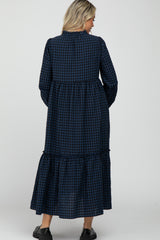 Navy Blue Checkered Button Front Ruffle Neck Maternity Maxi Dress