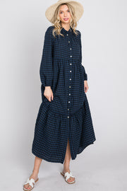 Navy Blue Checkered Button Front Ruffle Neck Maxi Dress