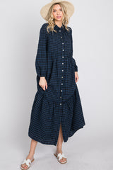 Navy Blue Checkered Button Front Ruffle Neck Maternity Maxi Dress