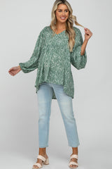 Light Olive Floral Smocked Shoulder Hi-Low Maternity Top