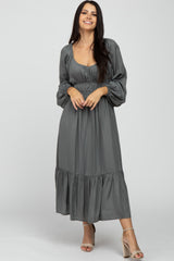 Charcoal Satin Ruched Sweetheart Neck Midi Dress