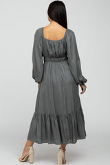 Charcoal Satin Ruched Sweetheart Neck Midi Dress