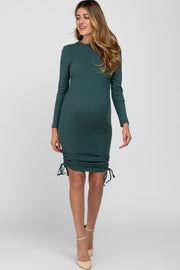 Green Ribbed Long Sleeve Ruched Maternity Dress