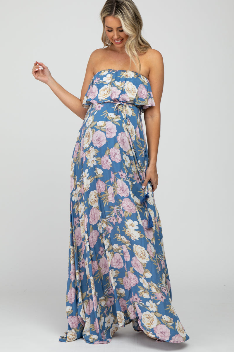 Blue Floral Strapless Ruffle Front Maternity Maxi Dress – PinkBlush