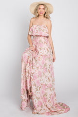 Pink Floral Strapless Ruffle Front Maxi Dress