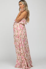 Pink Floral Strapless Ruffle Front Maternity Maxi Dress