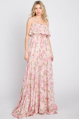 Pink Floral Strapless Ruffle Front Maxi Dress