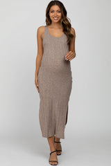 Taupe Sleeveless Ribbed Side Slit Maternity Dress