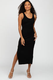 Black Sleeveless Ribbed Side Slit Dress