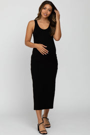 Black Sleeveless Ribbed Side Slit Maternity Dress