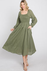 Olive Smocked Maternity Midi Dress