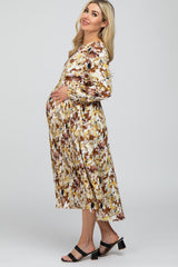 Brown Floral Pleated Maternity Midi Dress