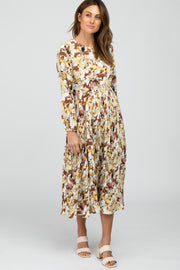 Brown Floral Pleated Midi Dress