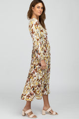 Brown Floral Pleated Midi Dress