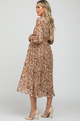 Brown Floral Pleated Skirt Maternity Midi Dress