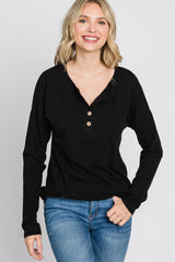 Black Slub Knit Henley Top