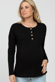 Black Slub Knit Maternity Henley Top