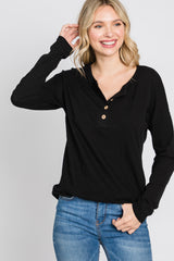 Black Slub Knit Henley Top