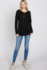 Black Slub Knit Henley Top