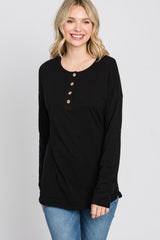 Black Slub Knit Henley Top