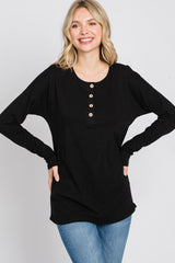 Black Slub Knit Henley Top