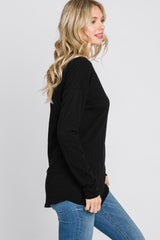 Black Slub Knit Henley Top