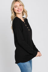 Black Slub Knit Henley Top