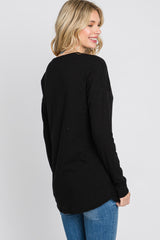 Black Slub Knit Henley Top