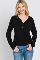 Black Slub Knit Henley Top