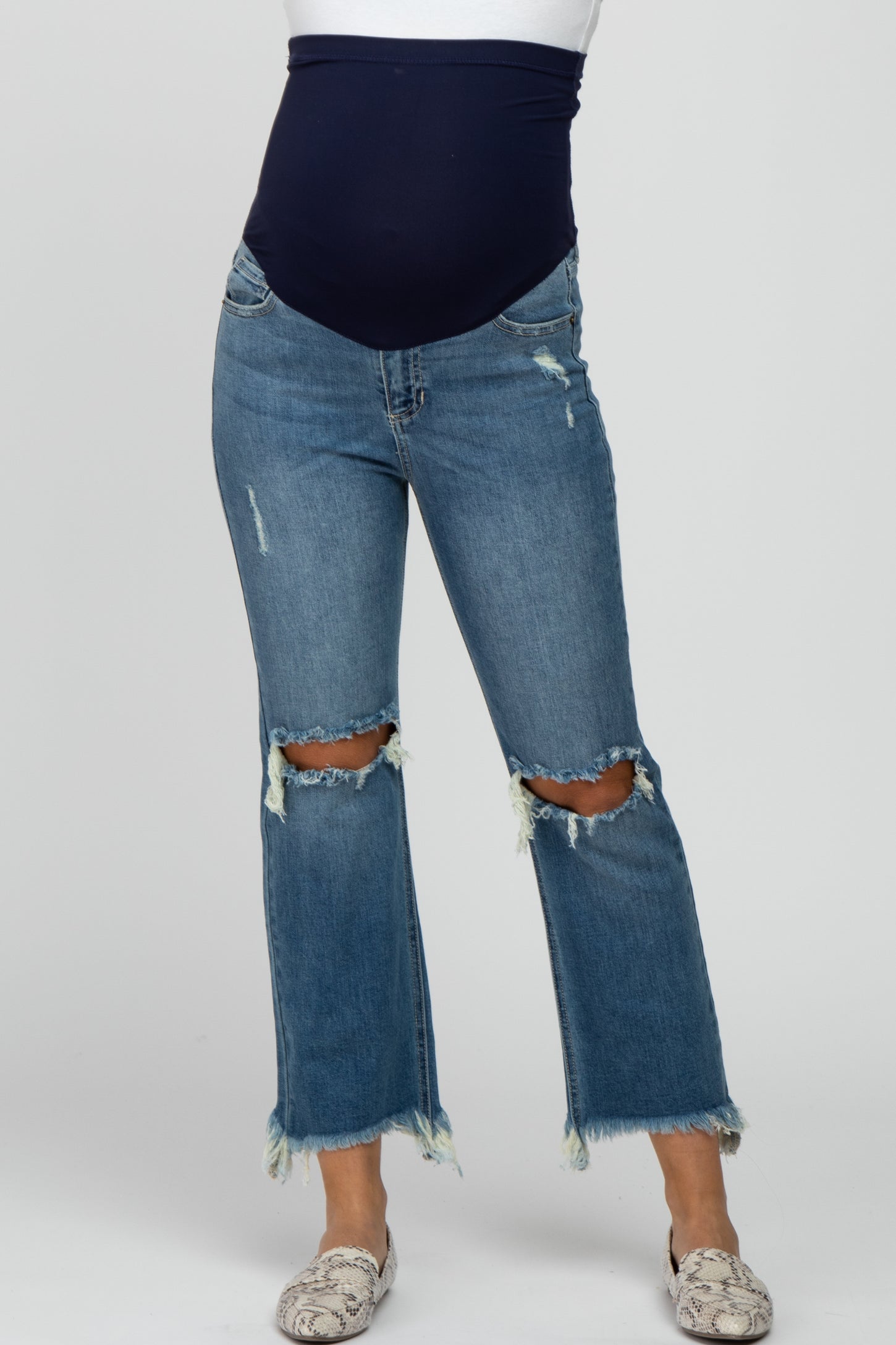 Blue Frayed Wide Leg Cropped Maternity Jeans– PinkBlush