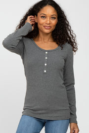 Charcoal Ribbed Button Accent Top