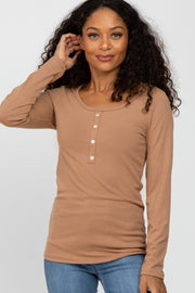 Mocha Ribbed Button Accent Top