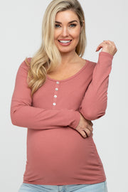 Mauve Ribbed Button Accent Maternity Top