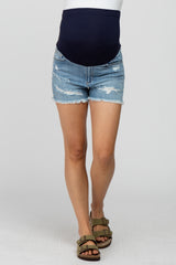 Light Blue Distressed Maternity Jean Shorts