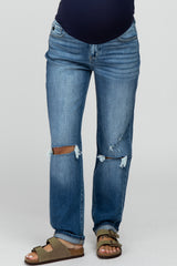 Blue Ripped Knee Straight Leg Maternity Jeans